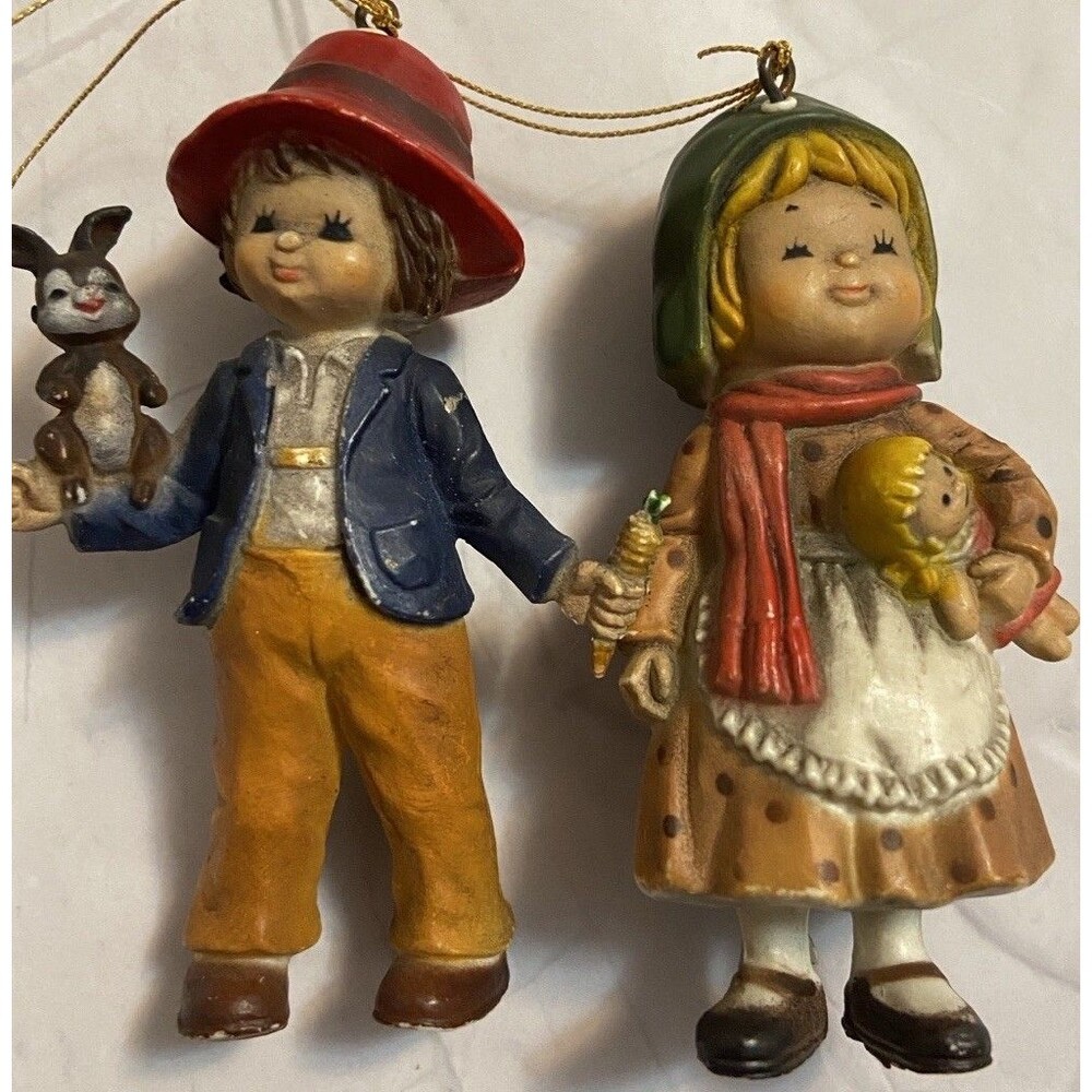 Vintage Christmas Sterling Ornaments Austrian Boy & Girl Hong Kong 1950 Plastic